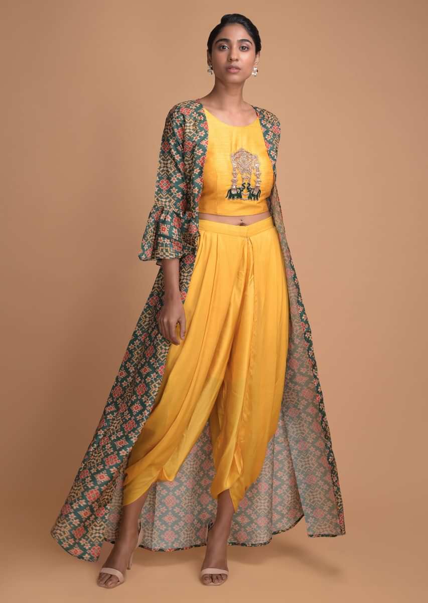 Sun Yellow Crop Top Dhoti Suit With Green Patola Printed Jacket