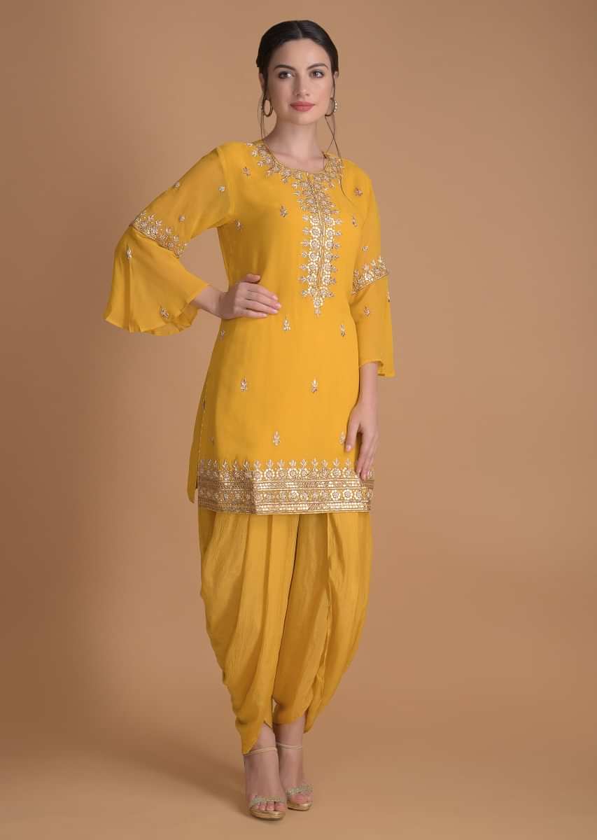Sun Yellow Dhoti Suit In Georgette With Gotta, Zardosi And Pearls In Floral Pattern Online - Kalki Fashion
