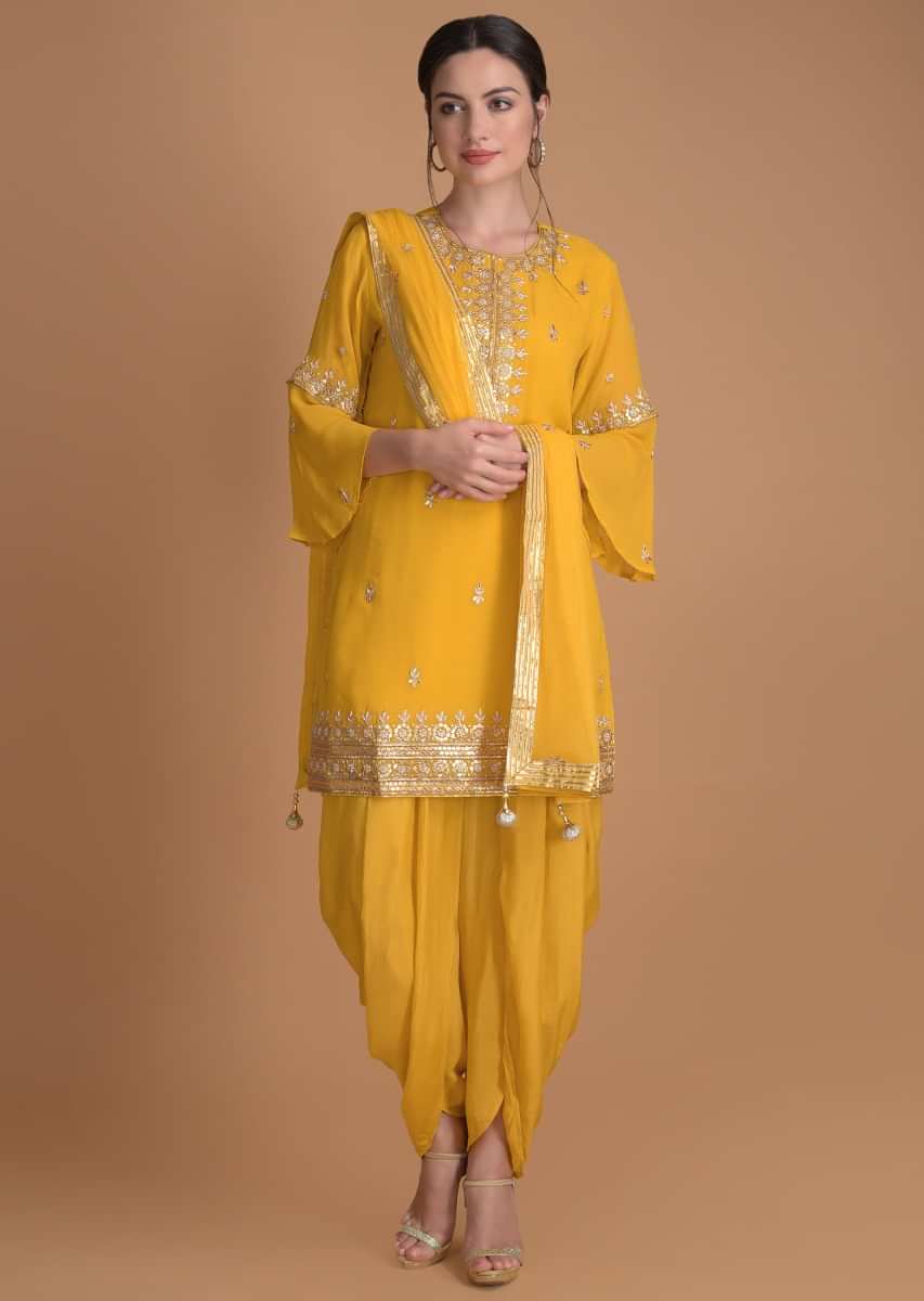 Sun Yellow Dhoti Suit In Georgette With Gotta, Zardosi And Pearls In Floral Pattern Online - Kalki Fashion