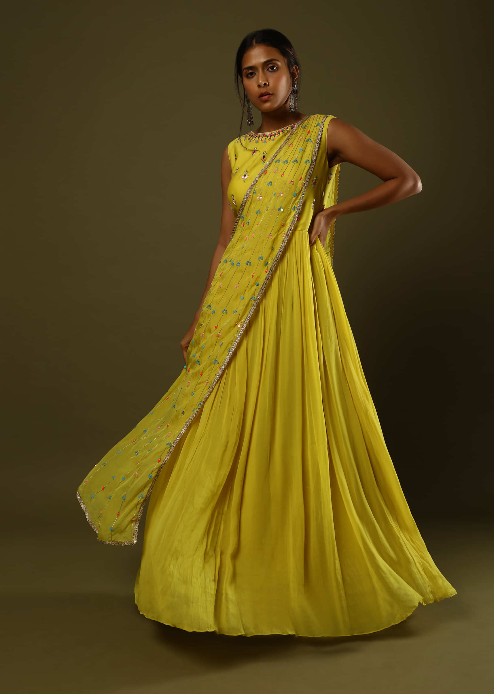 Sun Yellow Gown Dress In Crushed Georgette With Colorful Sequin And Mirror Embroidery And An Organza Drape Online - Kalki Fashion