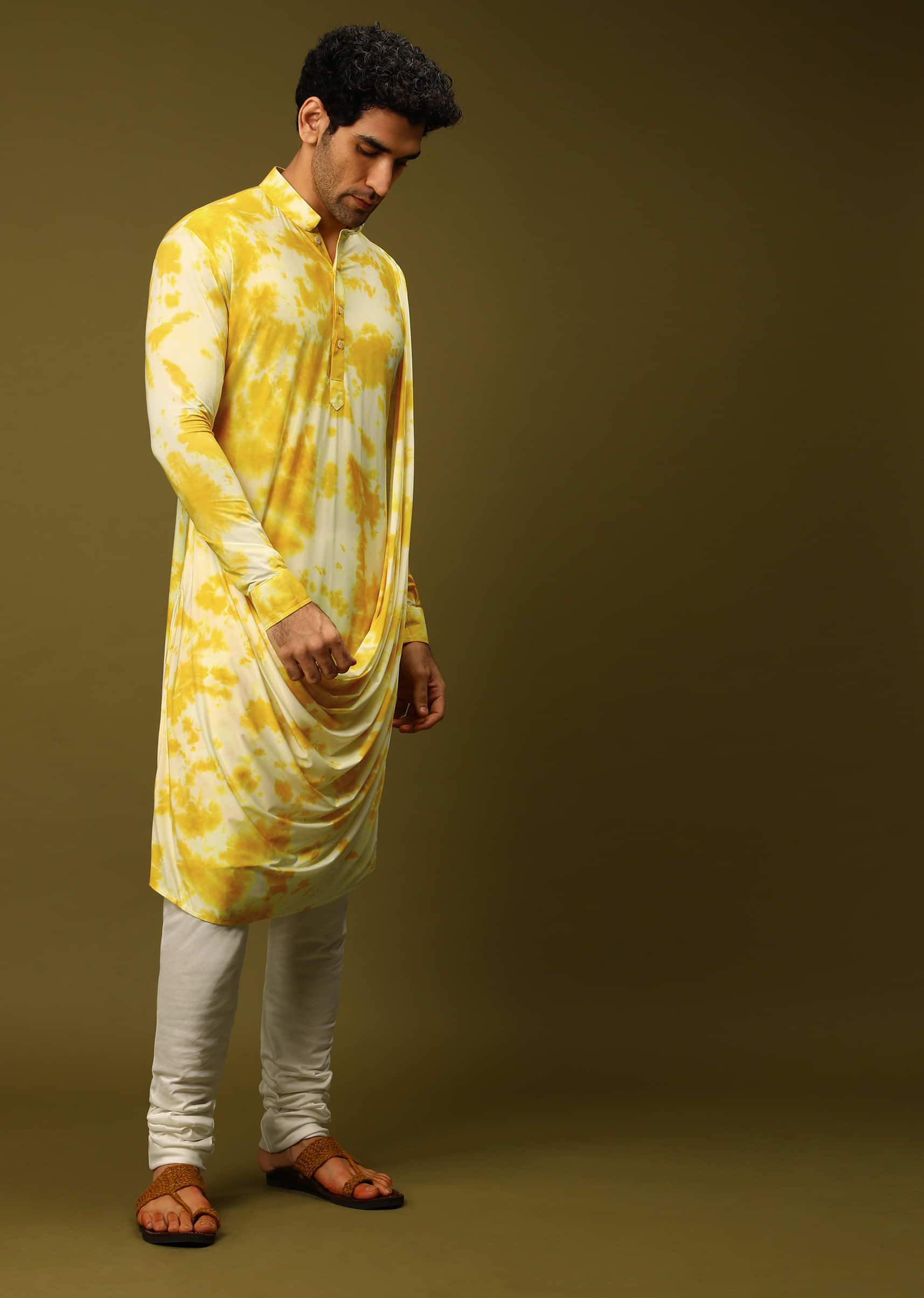 Sun Yellow Nehru Jacket Set In Raw Silk With A Cream And Yellow Tie Dye Cowl Kurta  