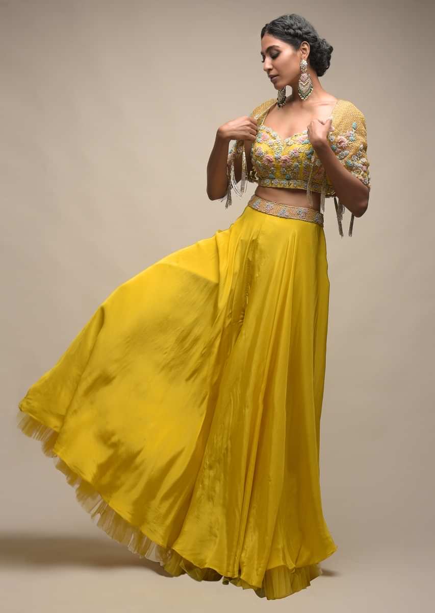 Sun Yellow Palazzo Suit With 3D Organza Flower Embellished Crop Top And Short Cape  