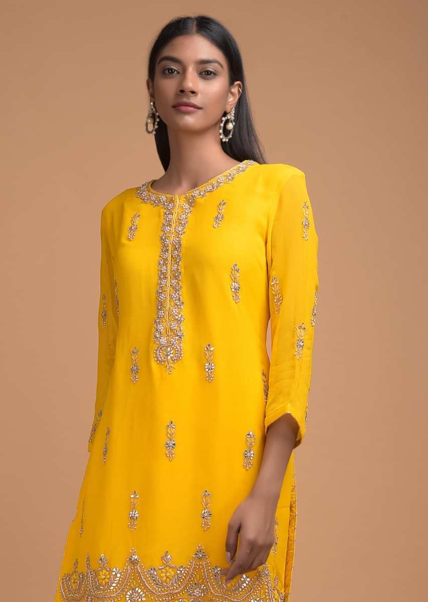 Buy Sun Yellow Salwar Suit Enhanced With Gotta Patch Work In Floral ...