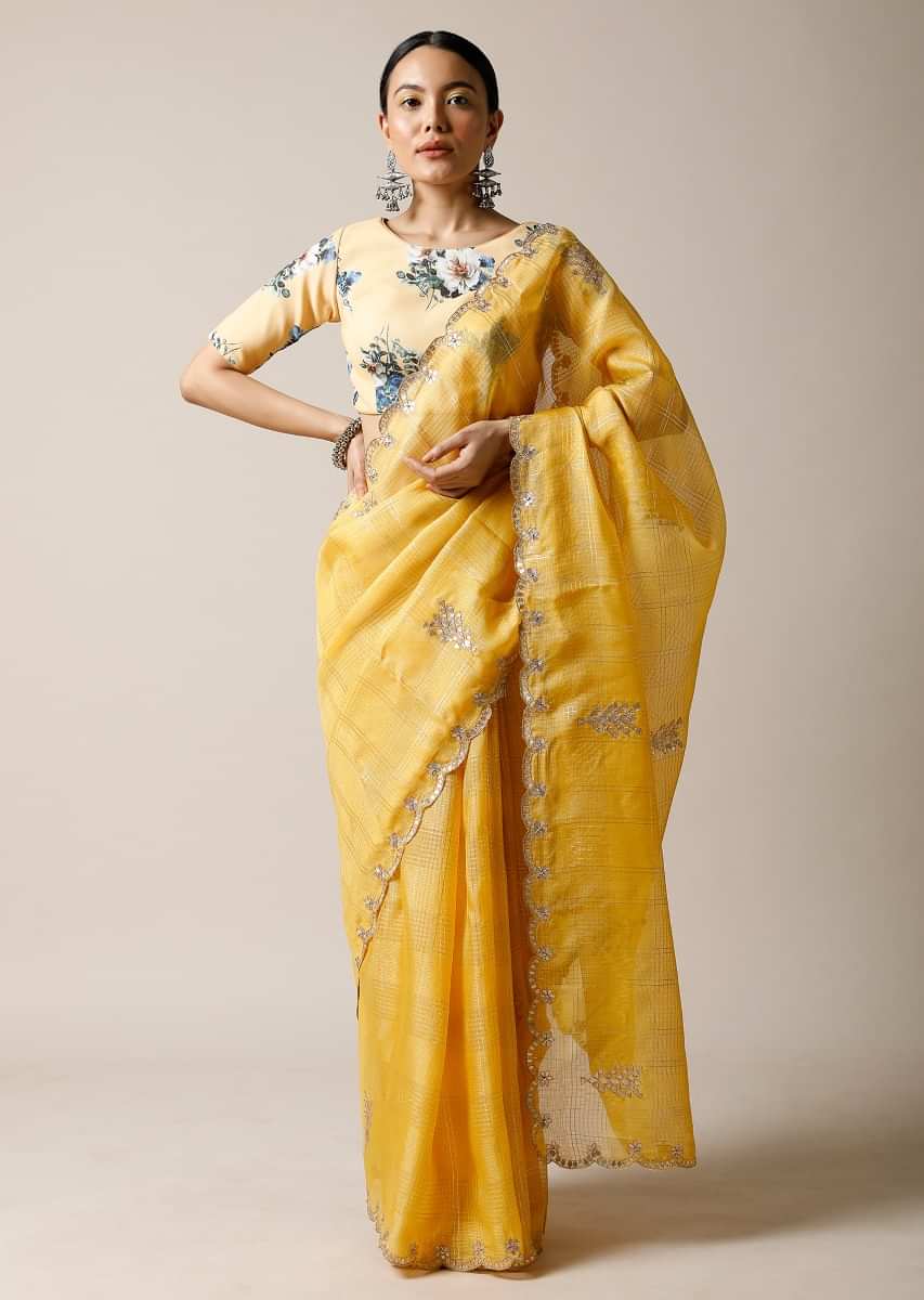 Sun Yellow Saree In Kota Silk With Gotta Patti Embroidered Buttis And Border Along With Printed Unstitched Blouse