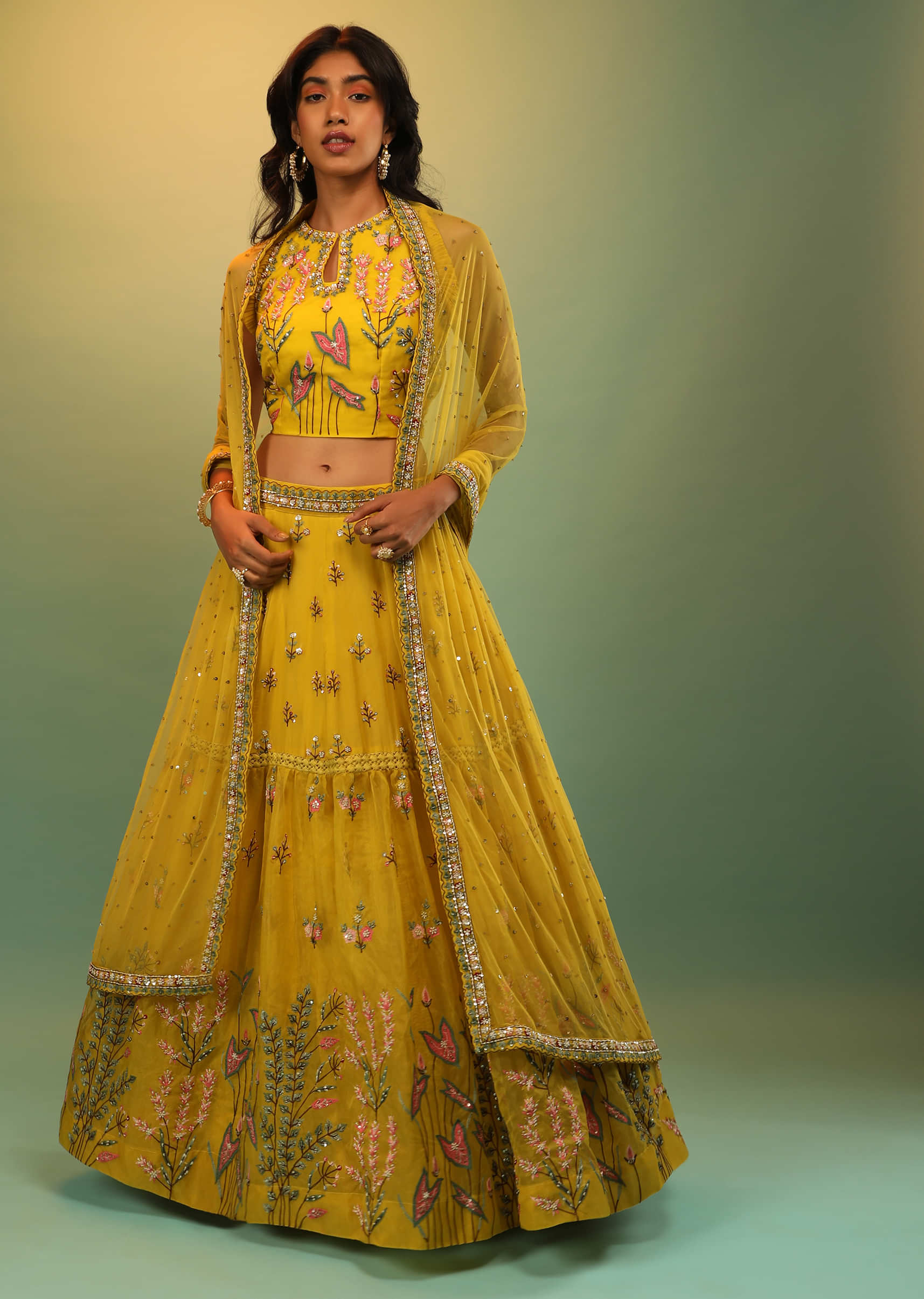 Buy Sun Yellow Skirt And Crop Top With Multi Colored Resham And Sequins ...