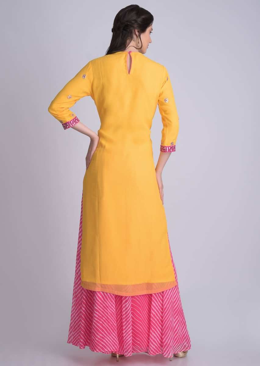 Sun Yellow Suit In Georgette With Lehariya Printed Palazzo And Jacket Online - Kalki Fashion