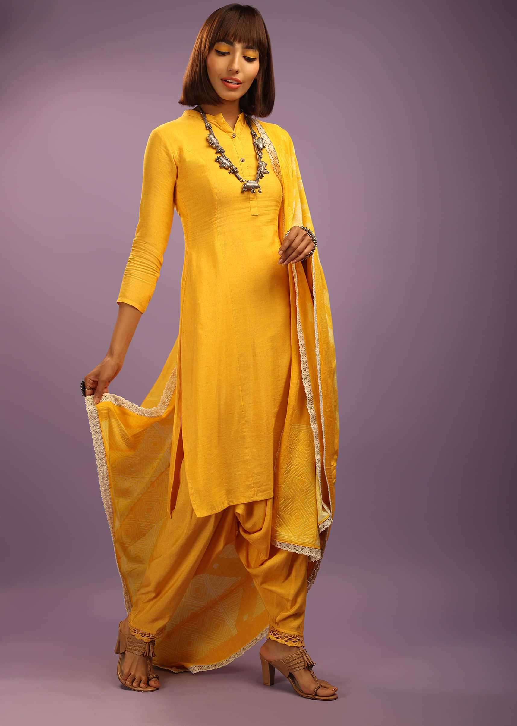 Sun Yellow Cowl Dhoti Suit In Khadi Cotton With Shaded Tie Dye Printed Dupatta  