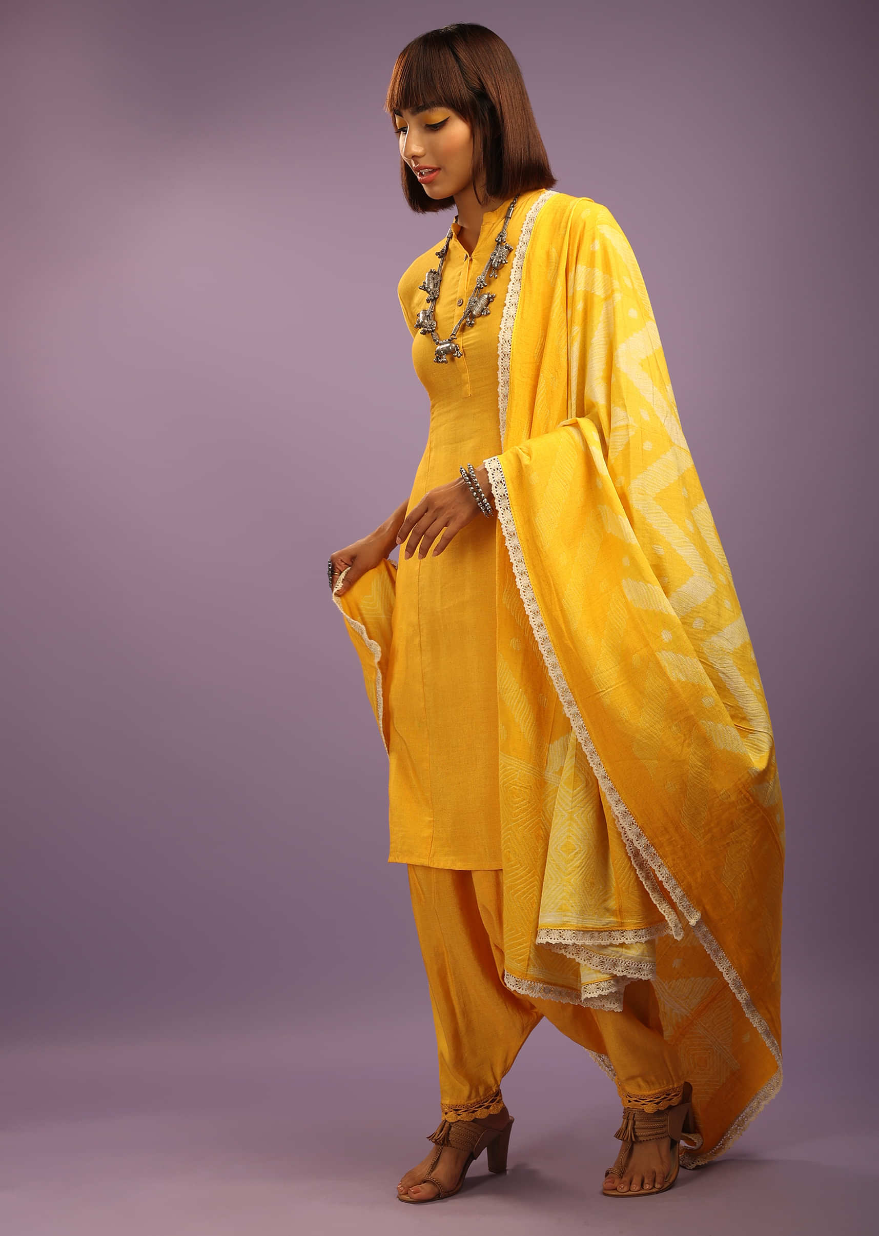 Sun Yellow Cowl Dhoti Suit In Khadi Cotton With Shaded Tie Dye Printed Dupatta  