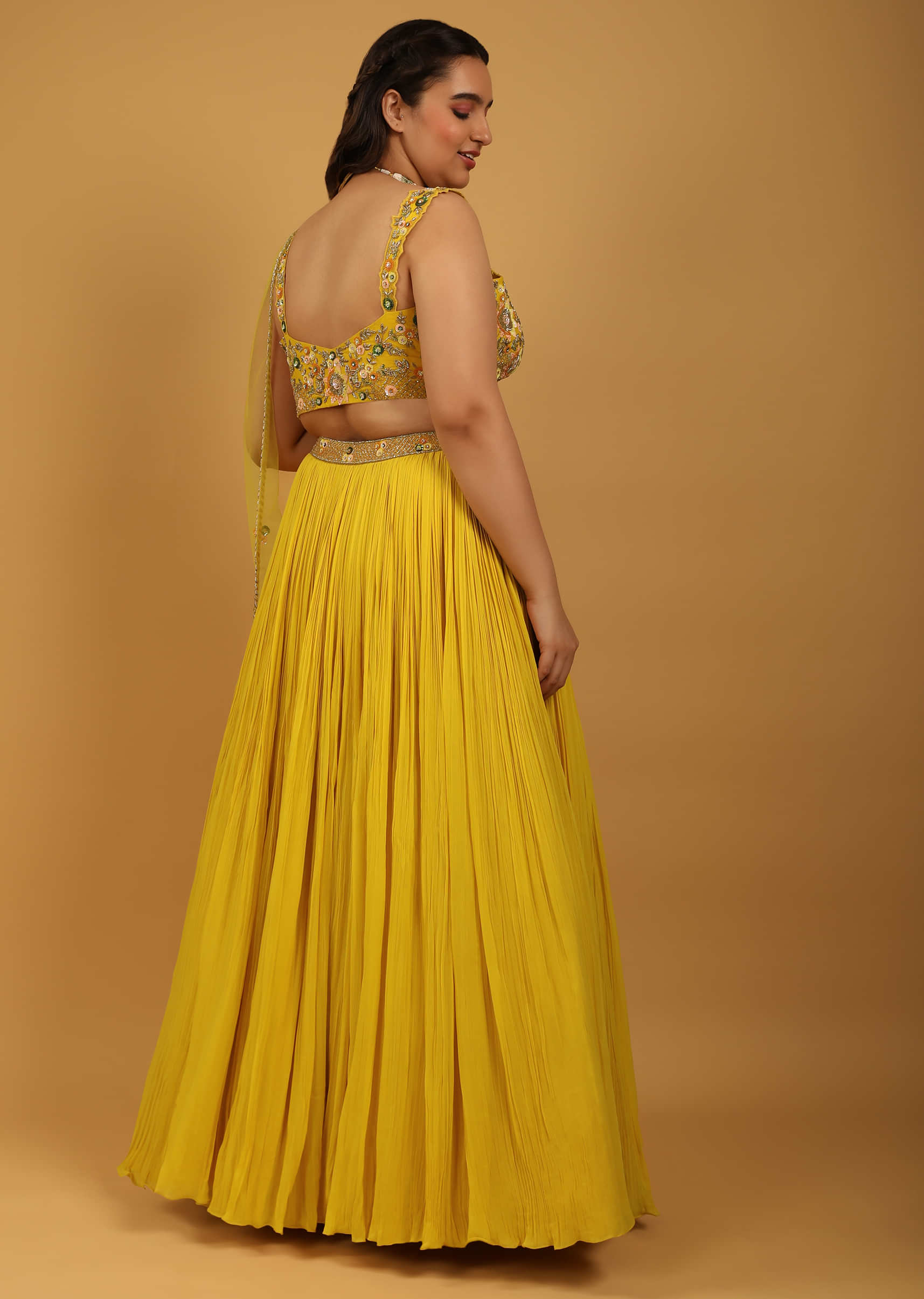 Sun-Yellow Gathered Lehenga With Hand-Embroidered Blouse In Floral Patterns and Sequins
