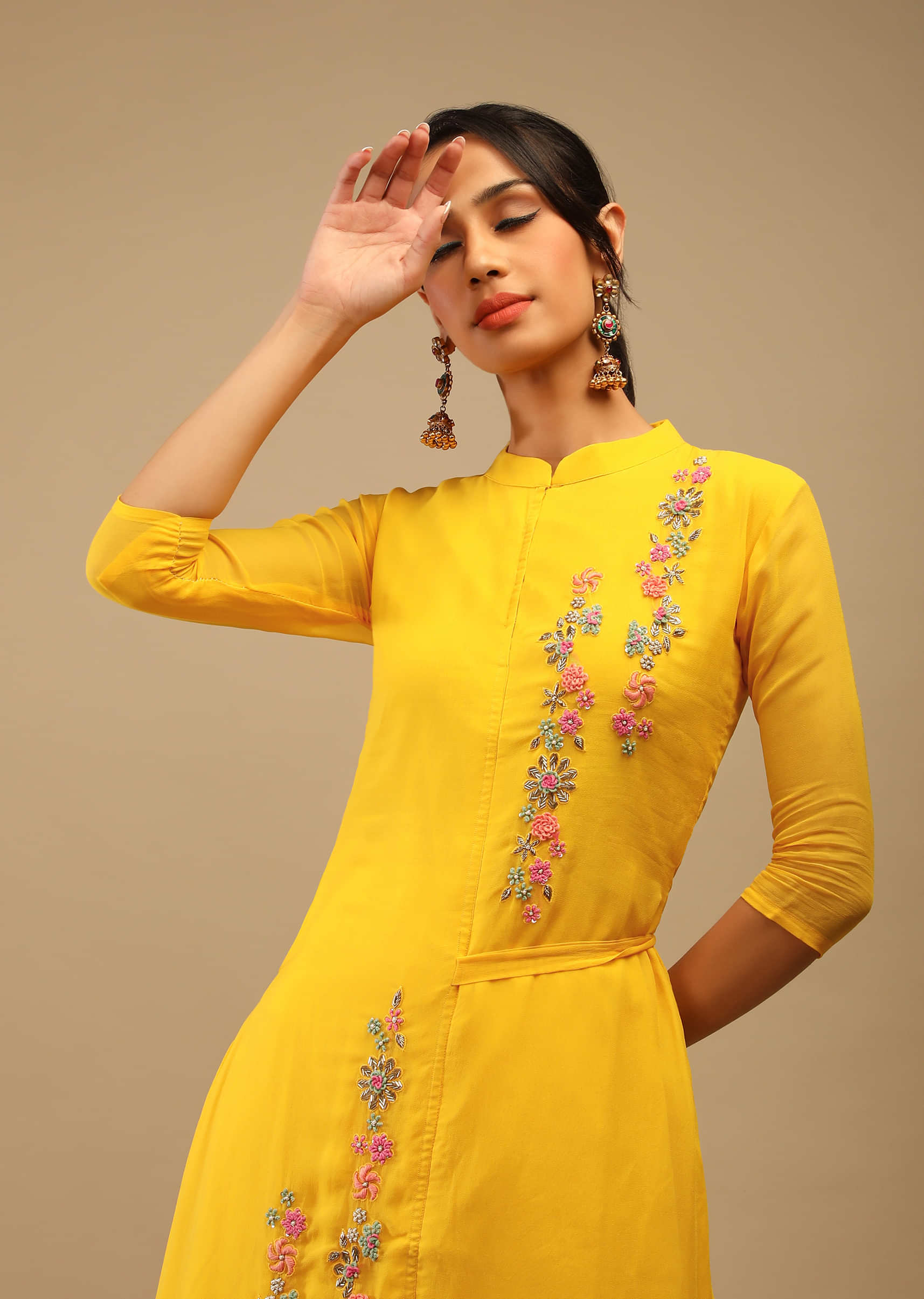 Sun Yellow High Low Kurta Set In Georgette With Hand Embroidered Thread And Cut Dana Work In Floral Motifs  