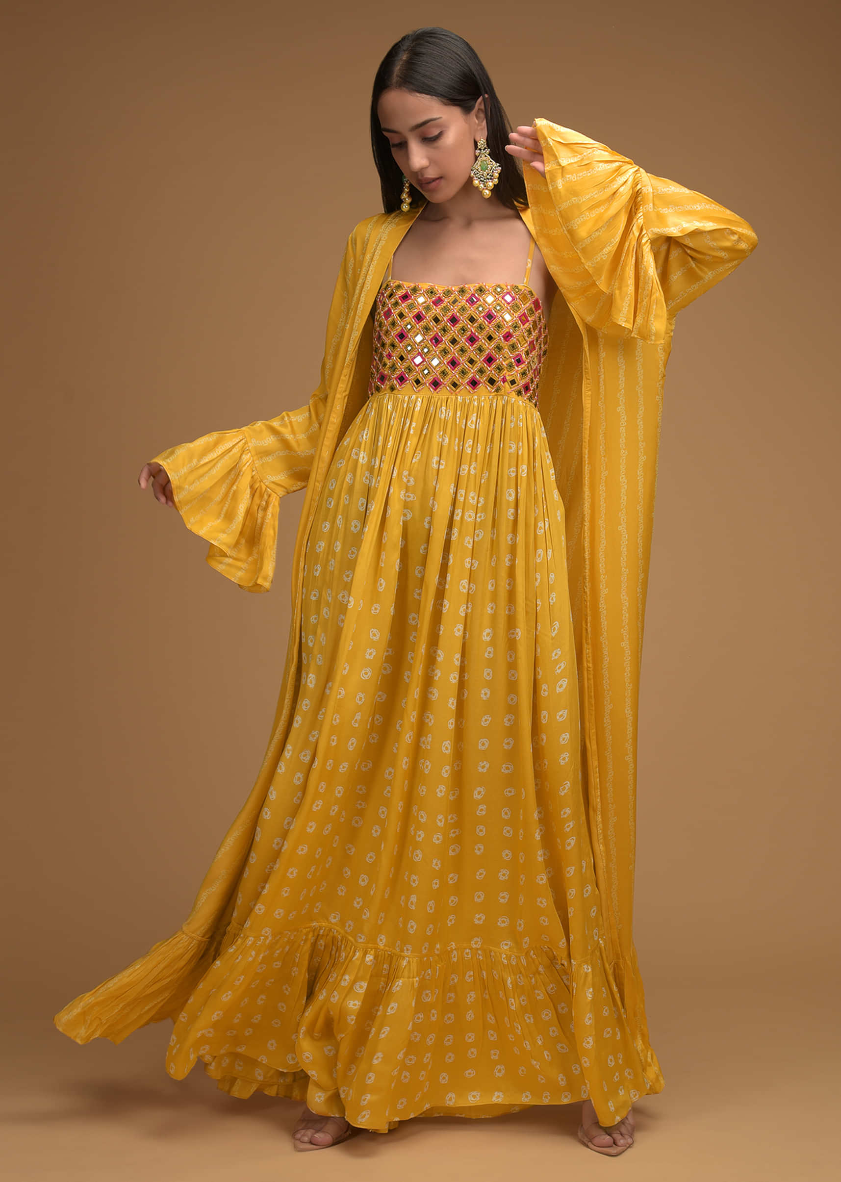 Sun Yellow Long Dress And Jacket Set With Bandhani Print And Mirror Abla Embroidery 