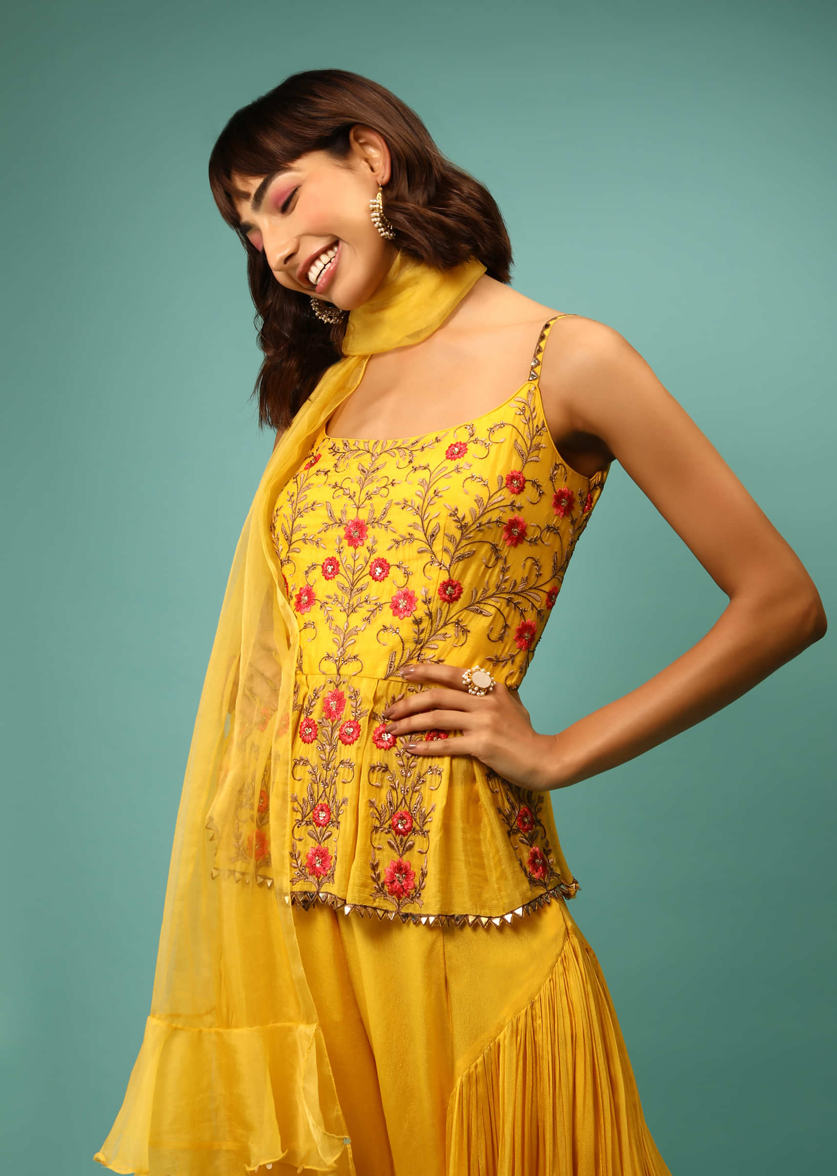 Sun Yellow Palazzo And Peplum Suit With Multi Colored Resham Embroidered Foral Design And Ruffle Dupatta 