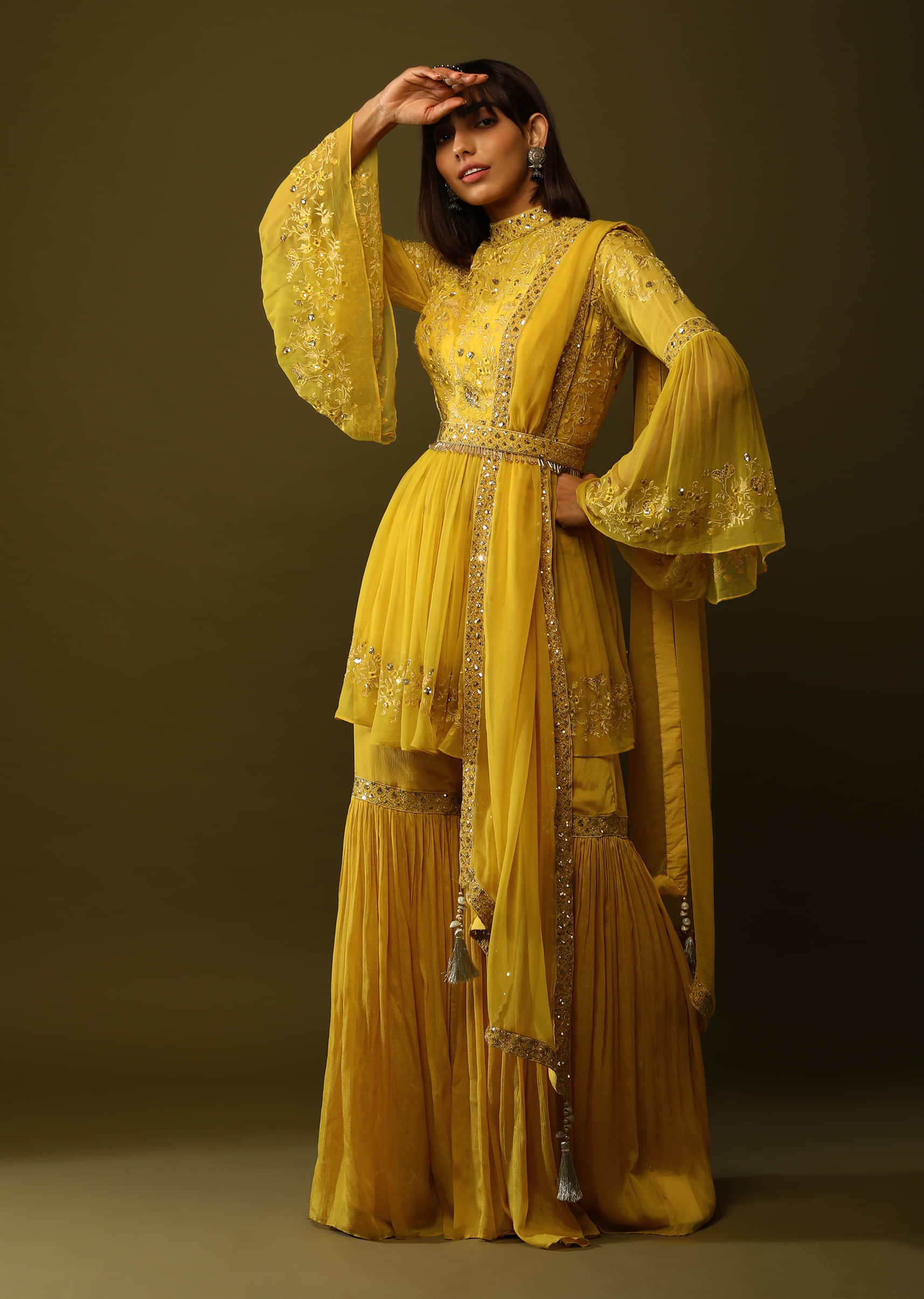 Sun Yellow Sharara And Peplum Suit With Sequins Embroidery And Bell Sleeves  