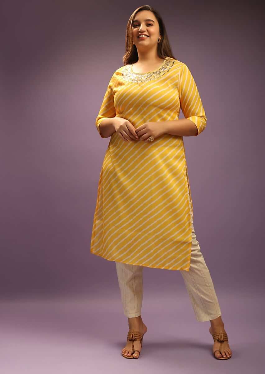 Sun Yellow Straight Cut Kurta Set In Satin Silk With Lehariya Print All Over And Gotta Patti Embroidered Neckline 