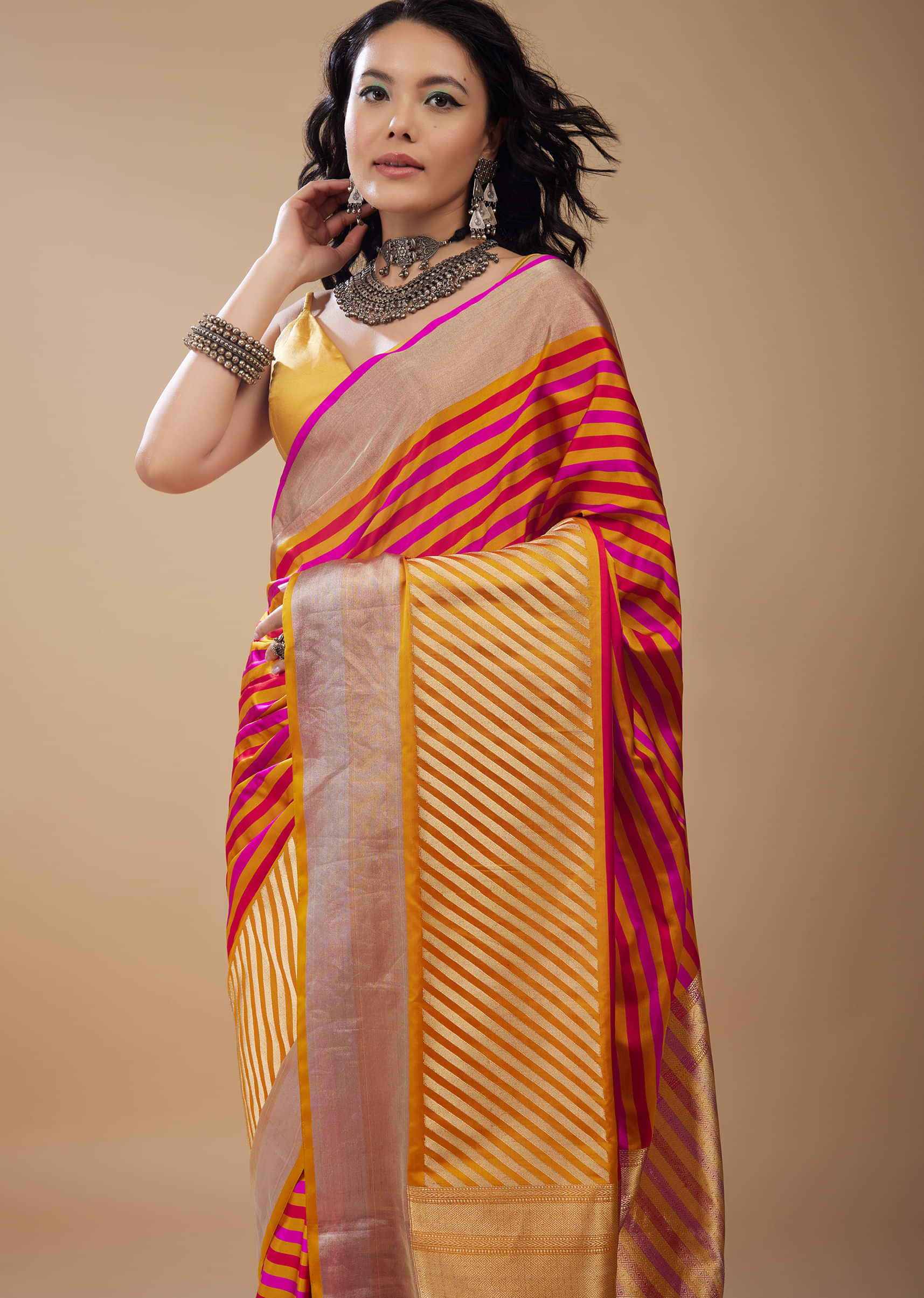 Marigold Yellow Printed Satin Saree with Red And Pink Stripes