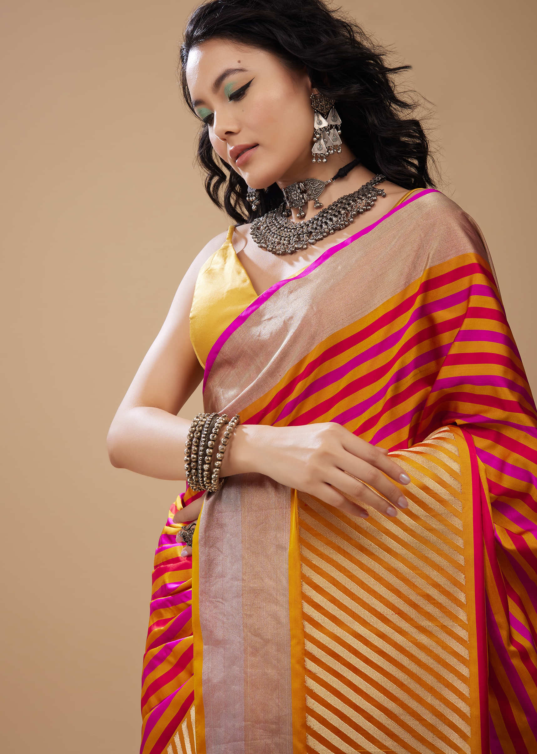 Marigold Yellow Printed Satin Saree with Red And Pink Stripes