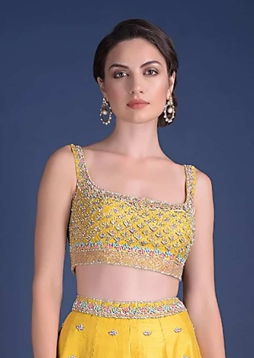 Sunset Yellow Blouse With Heavy Embossed Embroidery In Floral Butti Design 