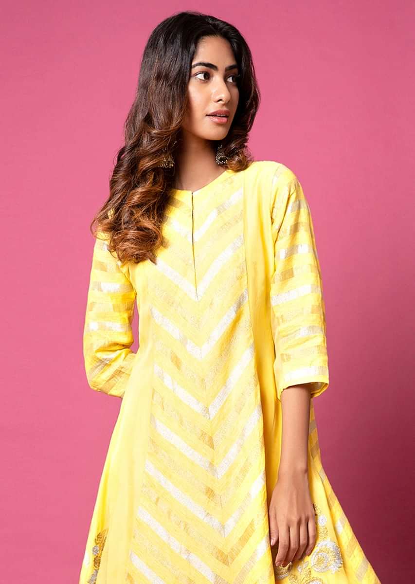 Sunshine Yellow A Line Suit With Floral Hand Woven Banarasi On The Centre Kali And Cheeta Embroidery  