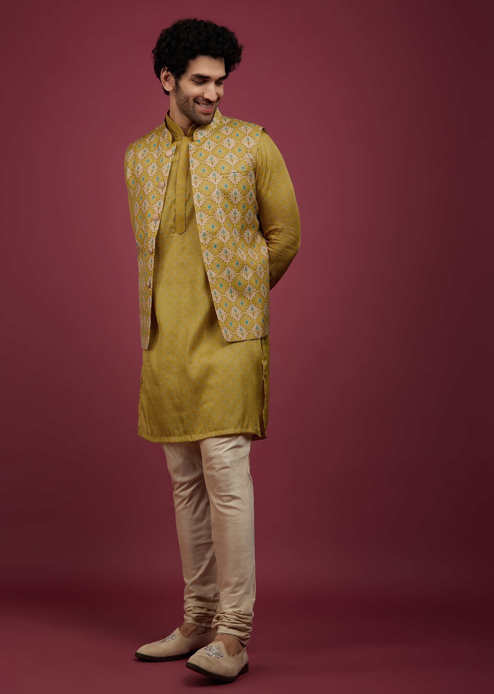 Pista Yellow Silk Printed Kurta Set With Bandi Jacket