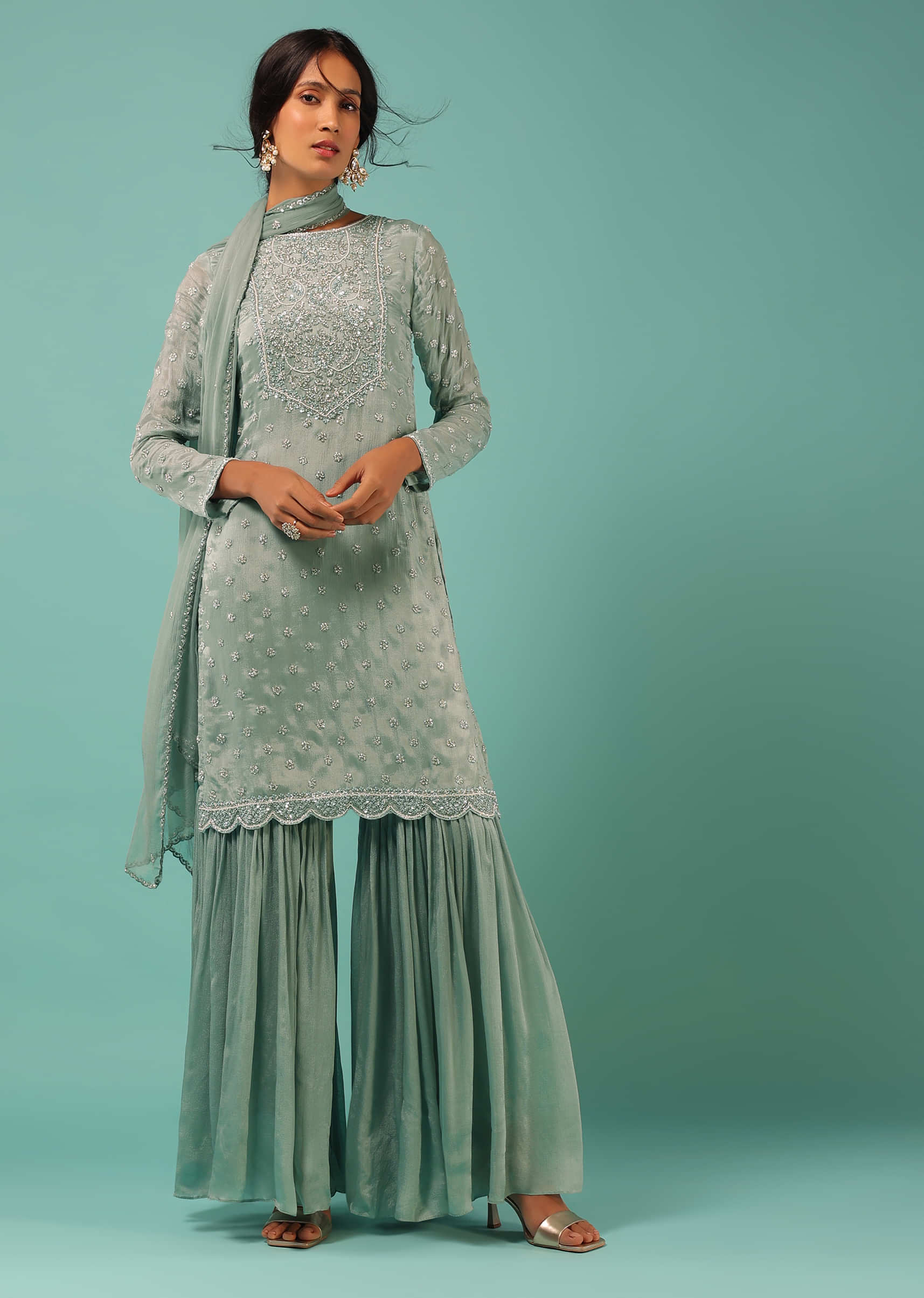 Surf Blue Sharara Suit In Chiffon With Resham, Moti And Cut Dana Embroidered Floral Yoke And Butti Design