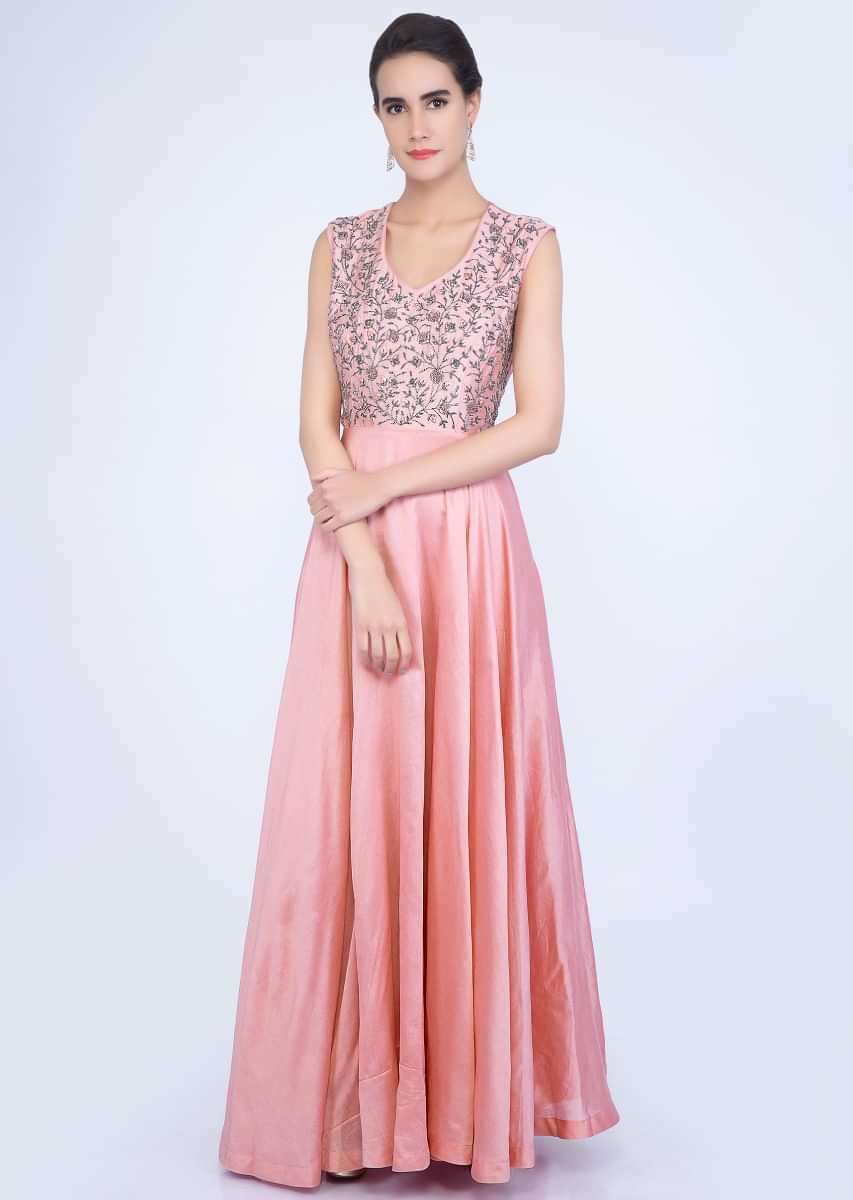 Rose pink cotton silk gown  with cut dana jaal embroidered bodice only on kalki