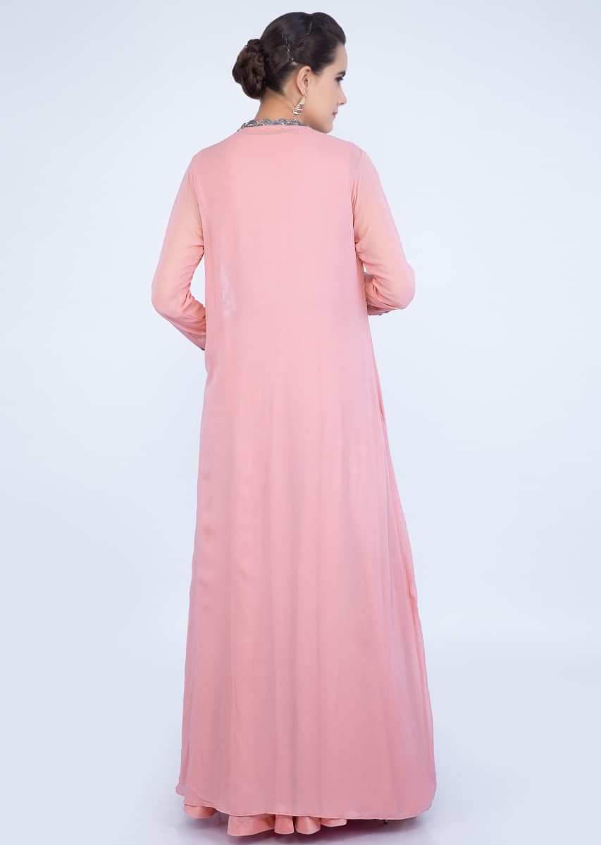 Rose pink cotton silk gown  with cut dana jaal embroidered bodice only on kalki