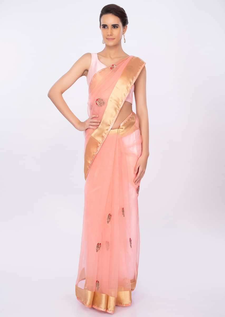 Taffy pink organza saree with butti work only on kalki