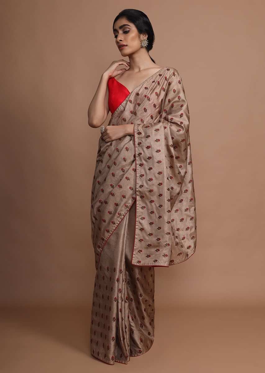 Tan Brown Saree In Silk With Resham Embroidered Floral Buttis
