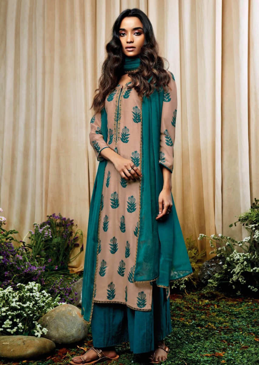 Tan brown unstitched suit with thread and zari embroidered butti and placket