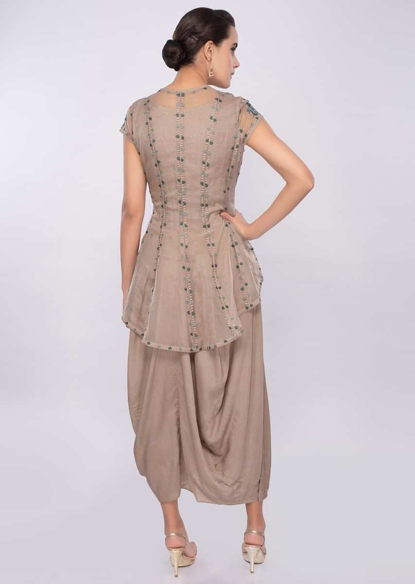 Tan cream cotton tunic with gathers paired with additional organza jacket only on Kalki