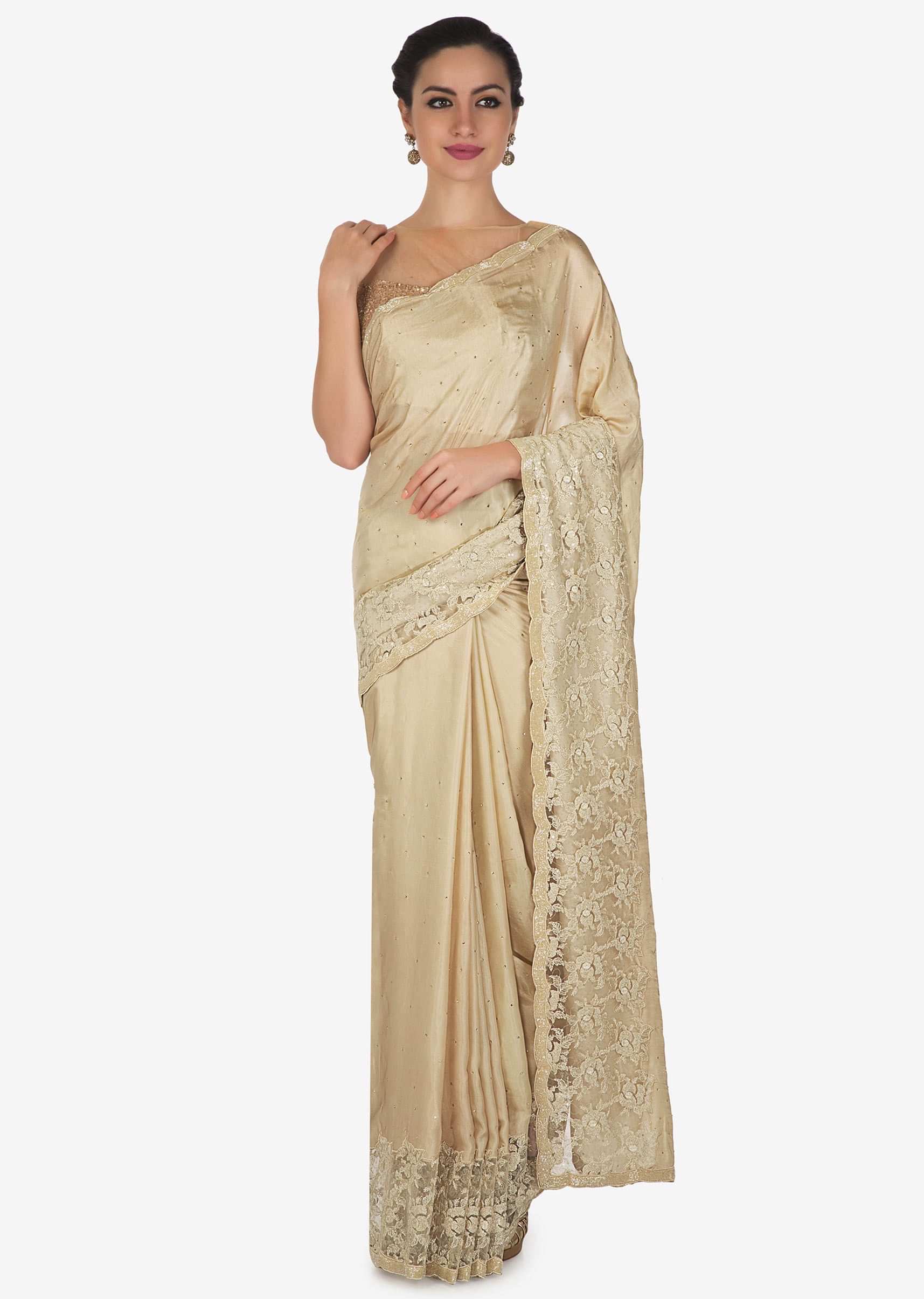 Tan cream saree with Chantilly lace and kundan embroidery only on Kalki