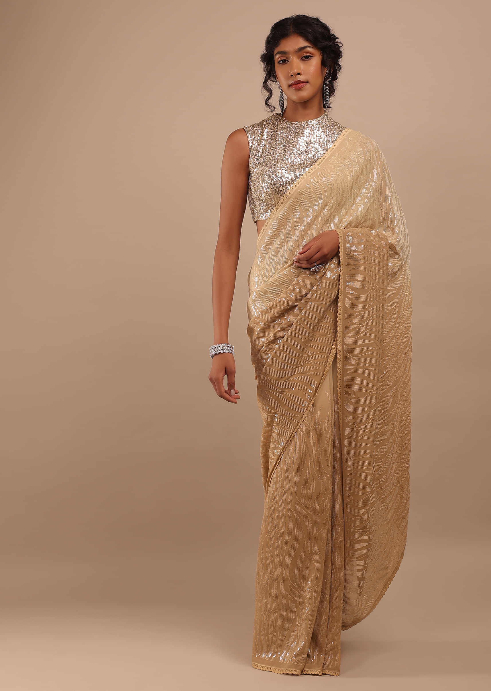 Tan Gold Sequins And Lucknowi Embroidery Saree In Georgette With Lacework On The Border
