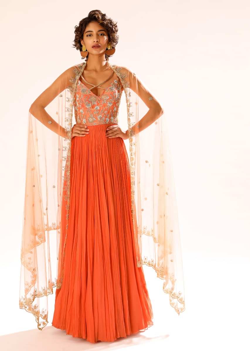 Tangerine Orange Anarkali Suit With Criss Cross Straps And Cut Dana Embroidery In Floral Motifs  