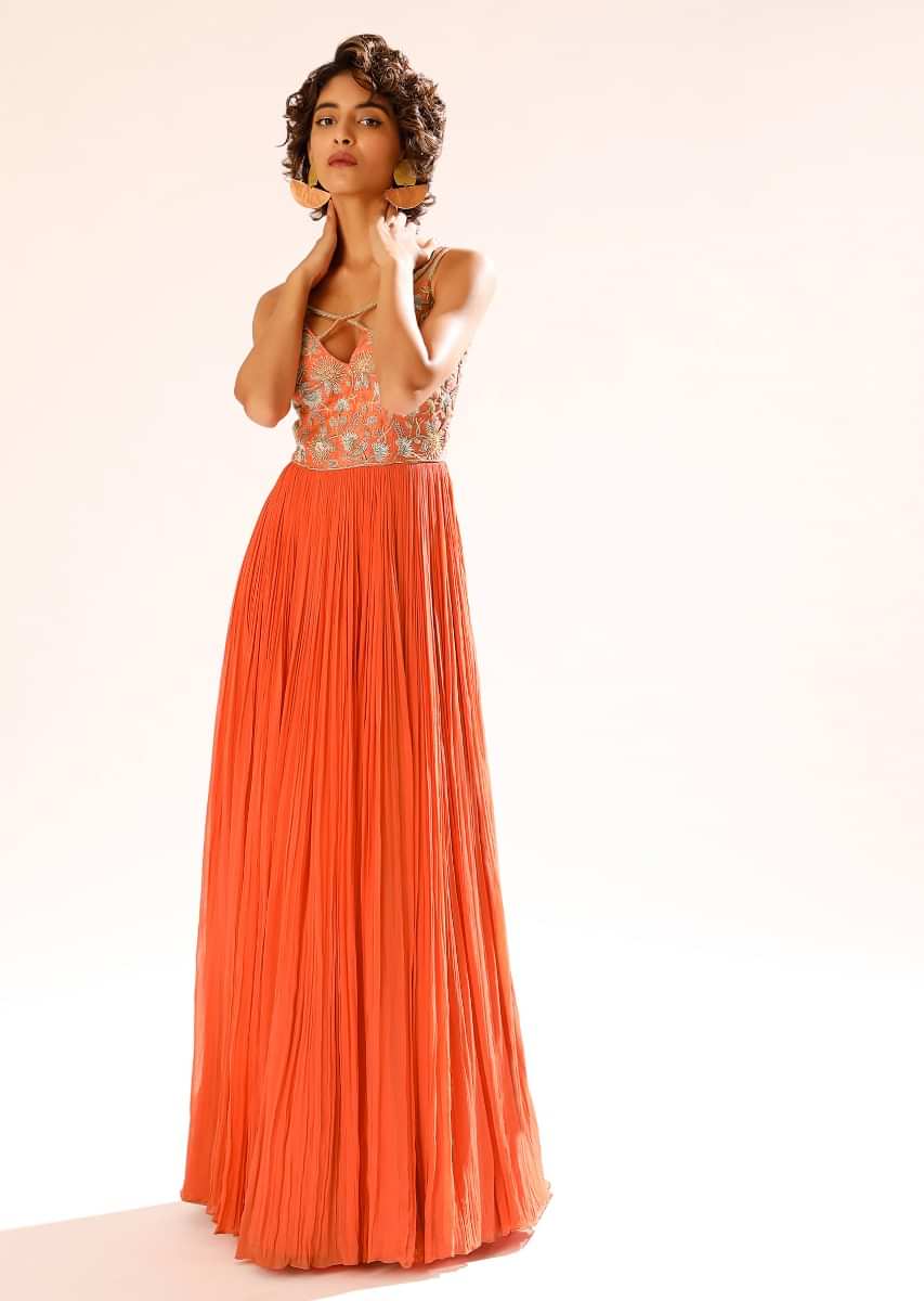 Tangerine Orange Anarkali Suit With Criss Cross Straps And Cut Dana Embroidery In Floral Motifs  