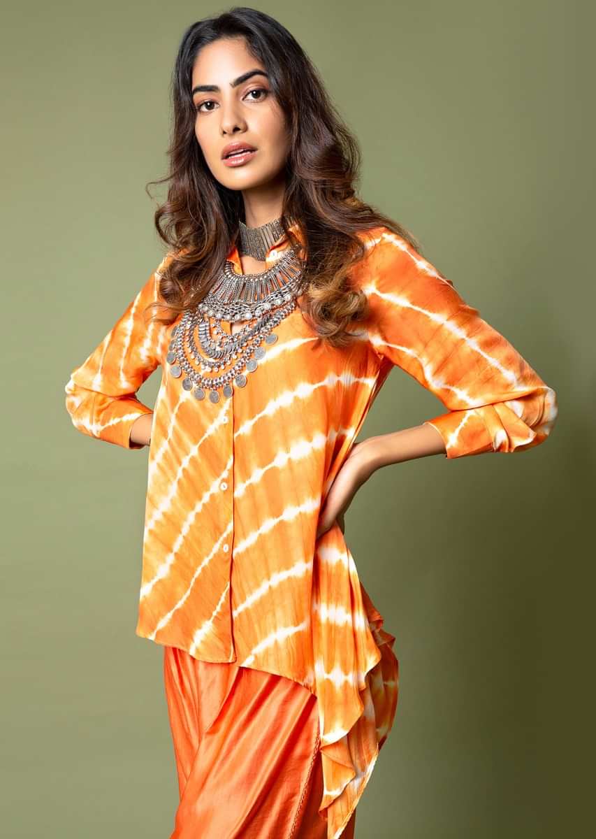 Tangerine Orange Asymmetric Shirt And Pants With Resist Hand Dyed Lehariya And Shell Buttons 