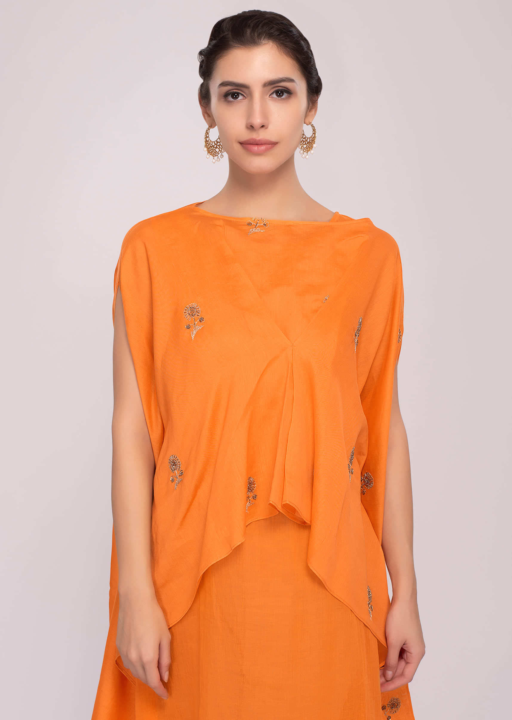 Tangerine orange cotton kurti with over lay fancy jacket in butti