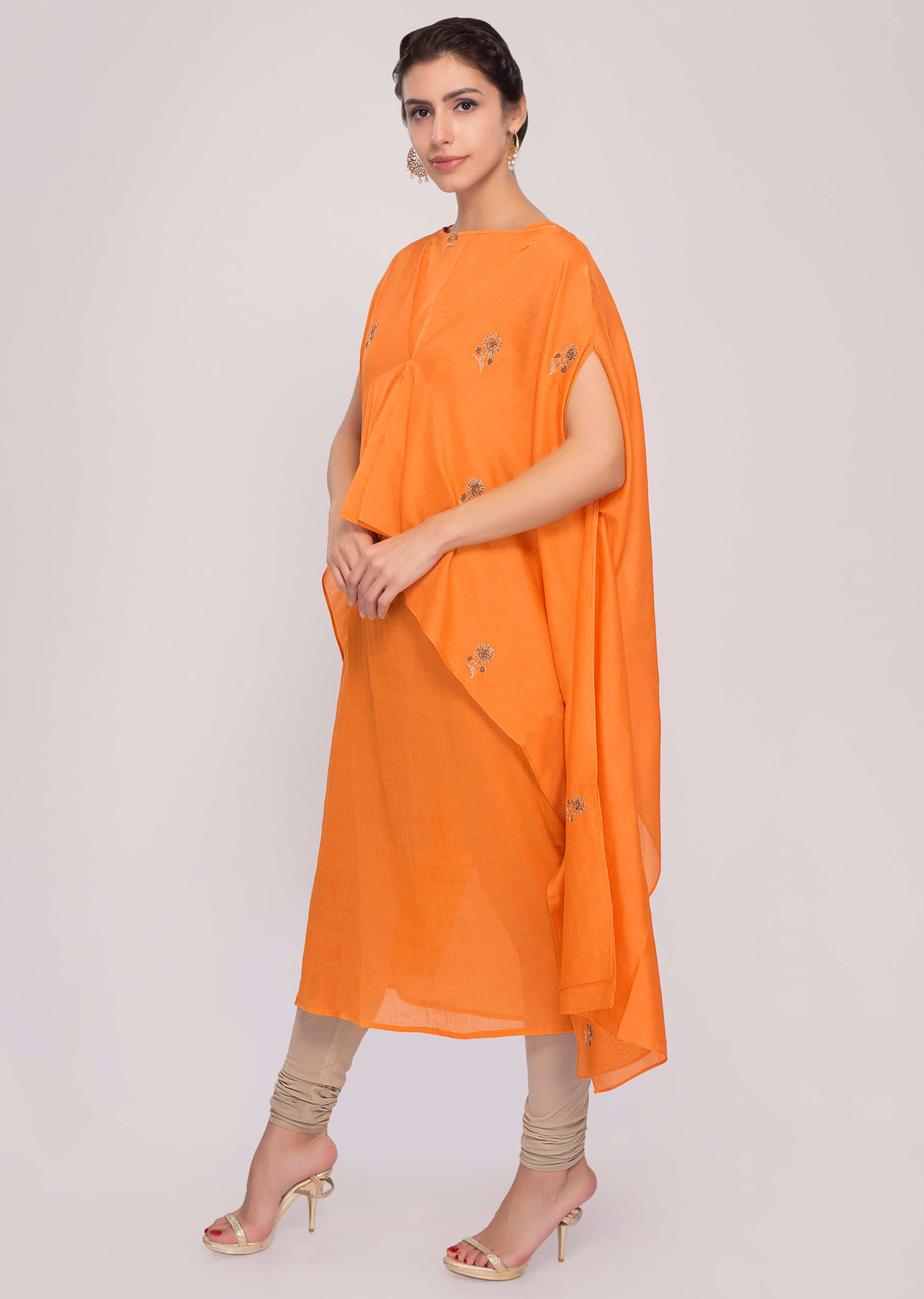 Tangerine orange cotton kurti with over lay fancy jacket in butti