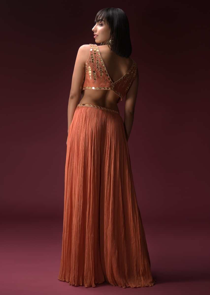 Tangerine Orange Palazzo Suit In Crushed Georgette With Cropped Jacked Hand Embroidered Using Geometric Cut Mirrors  