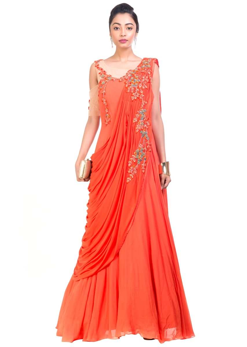Tangerine Saree Drape Gown Online - Kalki Fashion