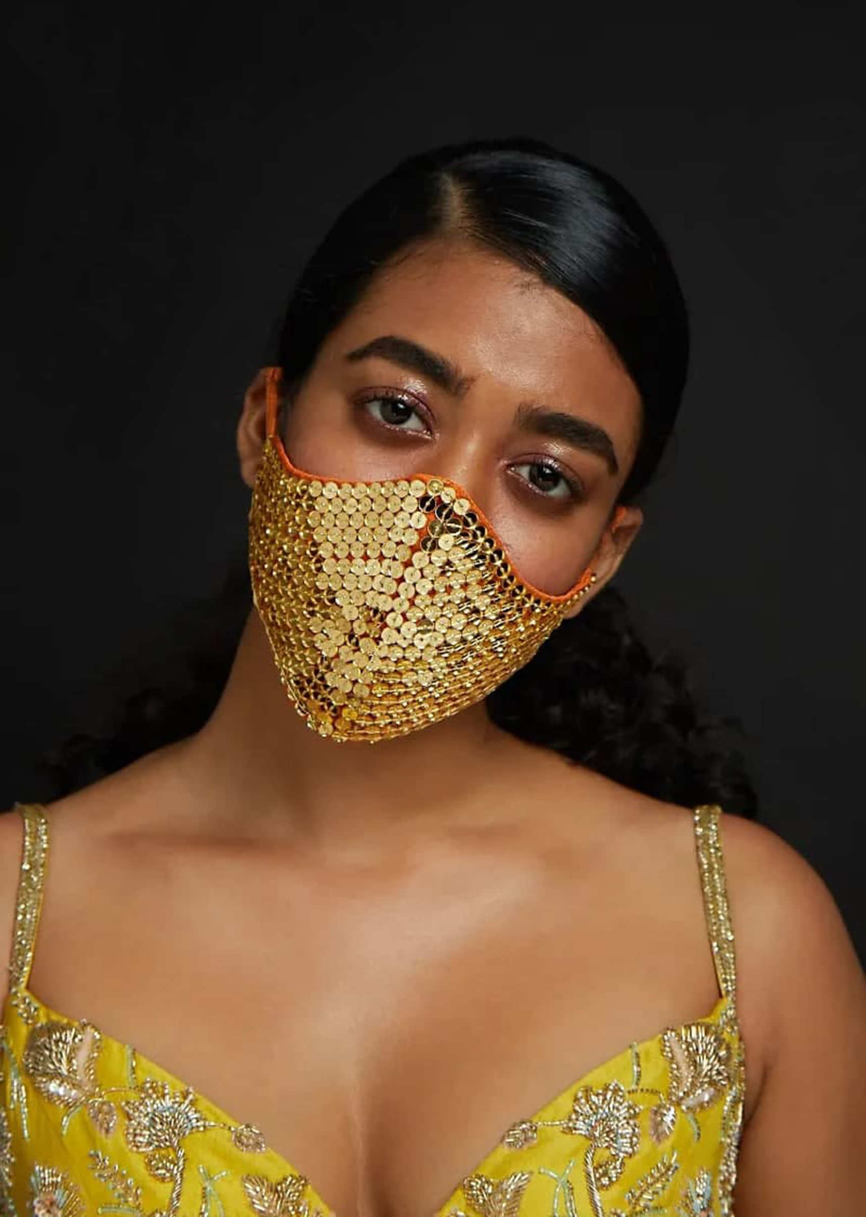 Tangerine Orange Face Mask With Round Mirror Embroidery All Over Online - Kalki Fashion