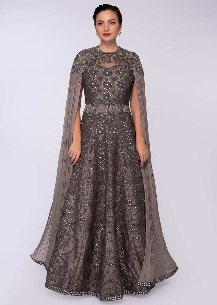 Taupe grey raw silk anarkali gown in jaal embroidery 