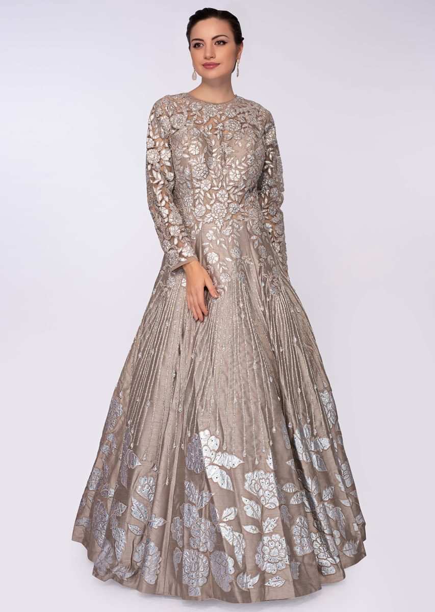 Taupe Grey Gown In Raw Silk With Embroidered Net Bodice Online - Kalki Fashion