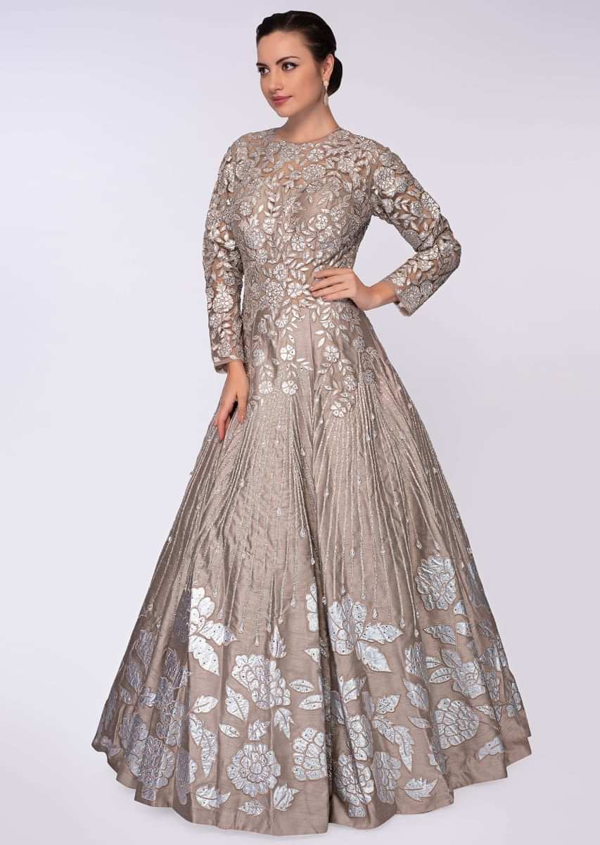 Taupe Grey Gown In Raw Silk With Embroidered Net Bodice Online - Kalki Fashion