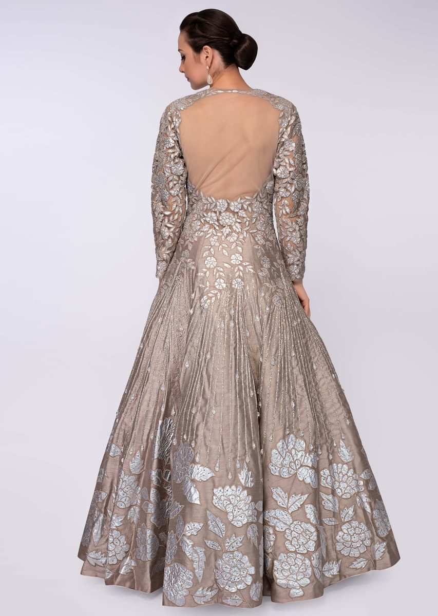 Taupe grey raw silk gown with embroidered net bodice 