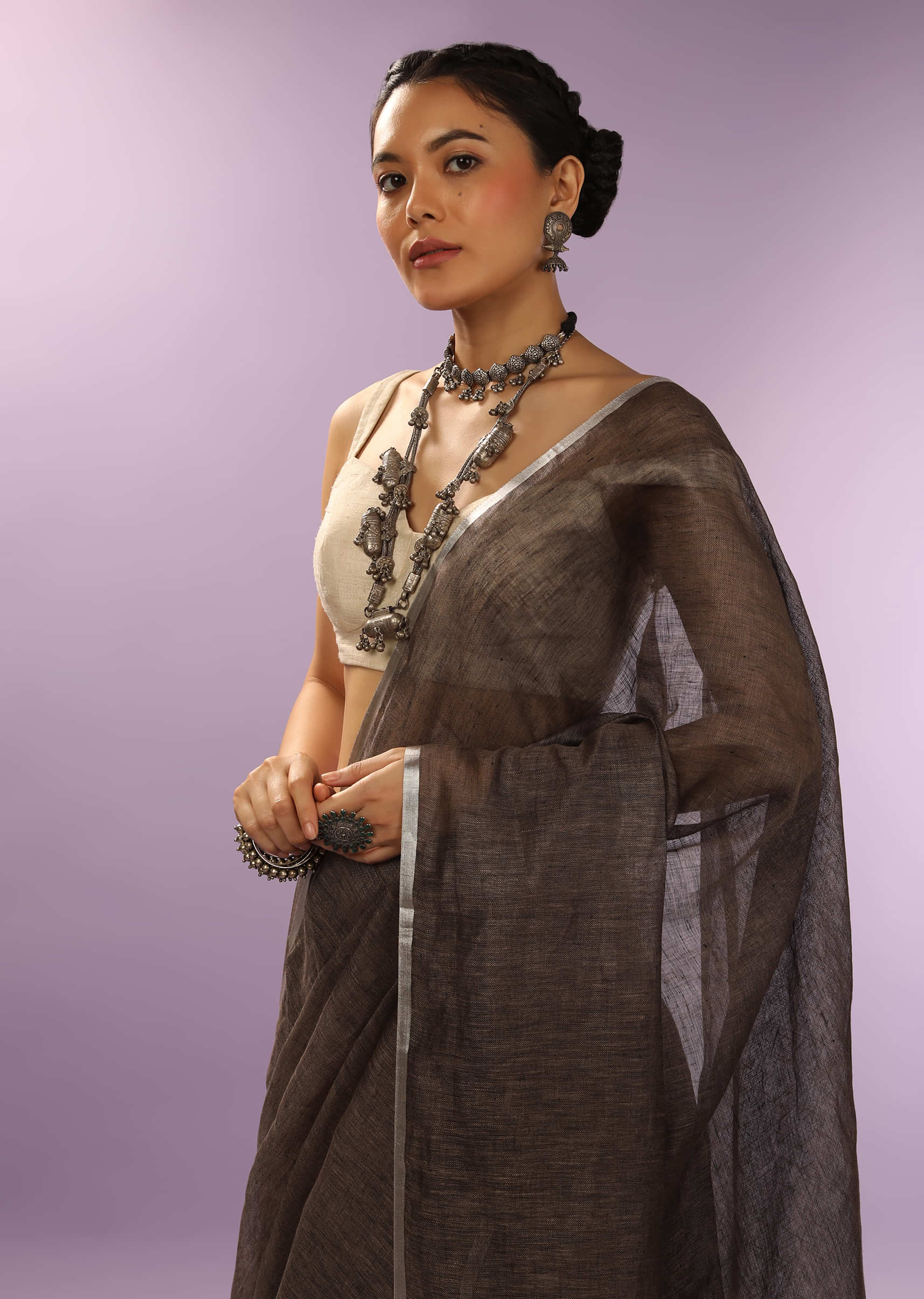 Taupe Brown Saree In Linen With Zari Woven Pallu And Border Design  