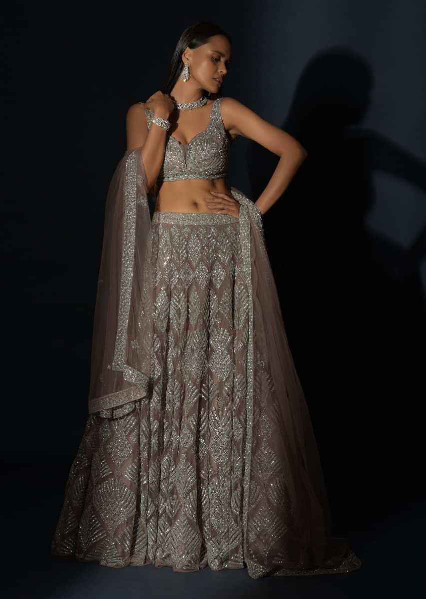 SILVER GREY LEHENGA SET WITH 3D CUTWORK AND GEOMETRICAL PATTERNS