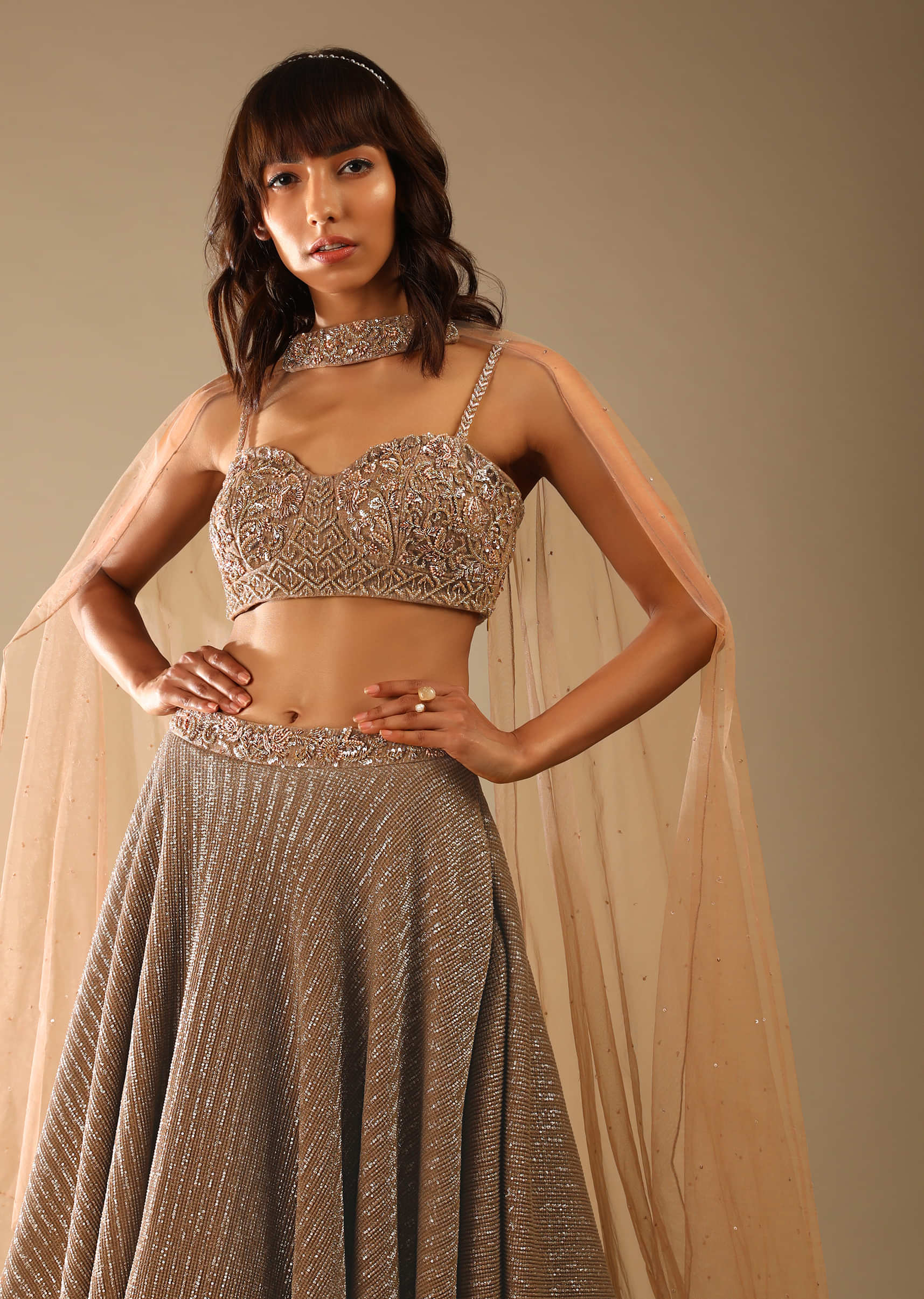 Taupe Layered Sequins Lehenga With Net Frill On The Hem And Cut Dana Embroidered Choli And Choker Dupatta 