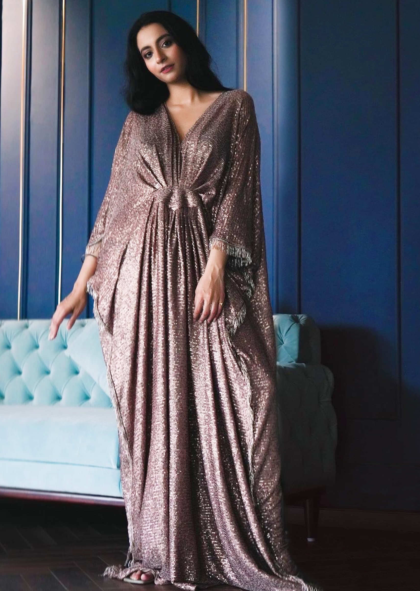 Taupe Sequins Kaftan Dress With Gathers In The Front And Plunging Neckline