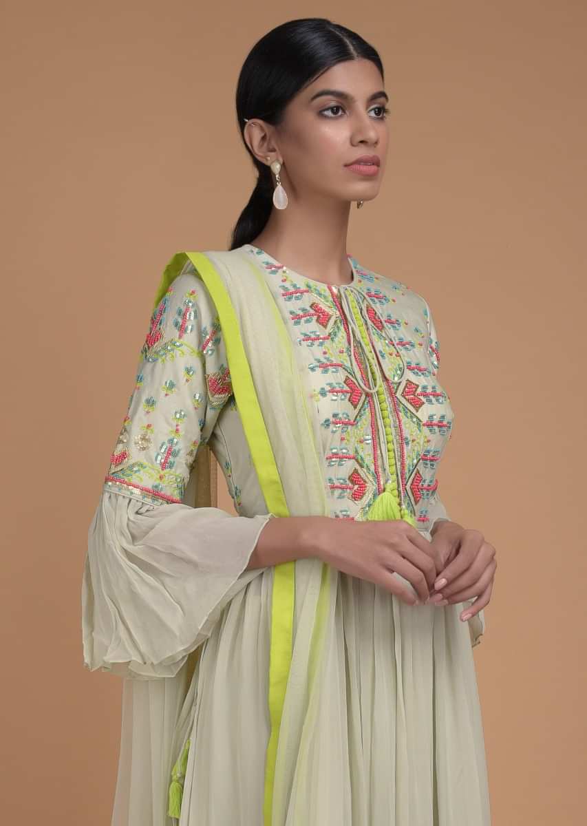 Buy Tea Green Palazzo Suit In Georgette With Beads And Thread ...