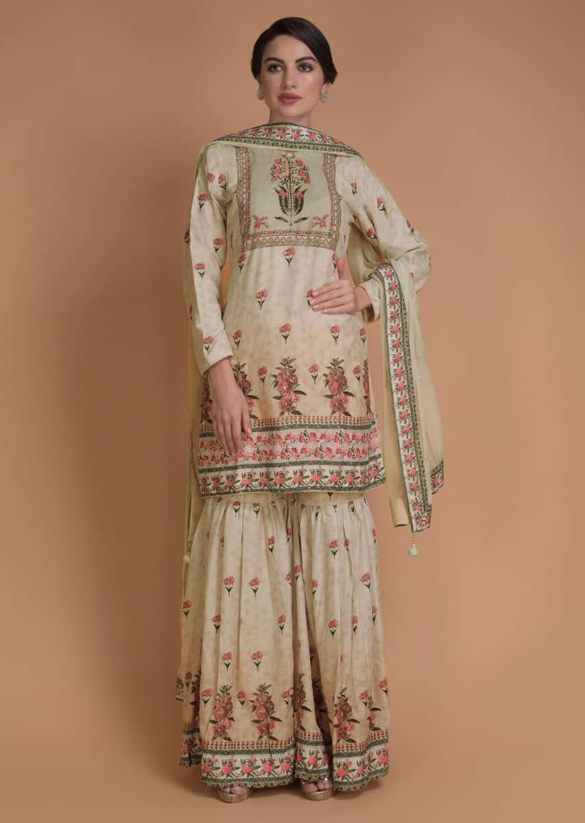 Buy Tea Green Sharara Suit In Cotton With Floral Print And Zari Work ...
